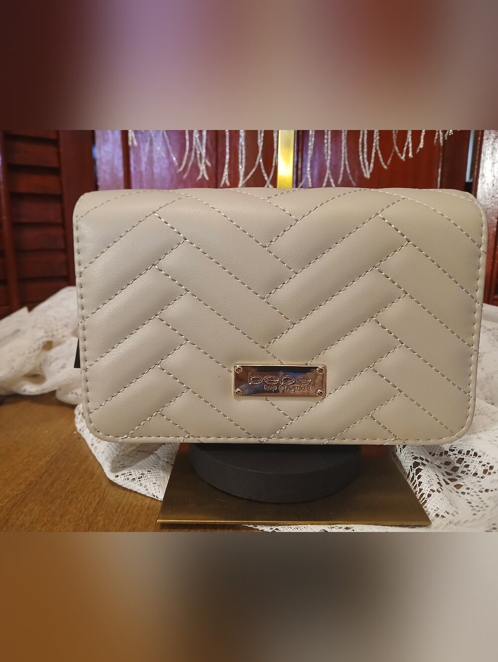 bebe Quilted Beige Crossbody Bag with Gold Plate